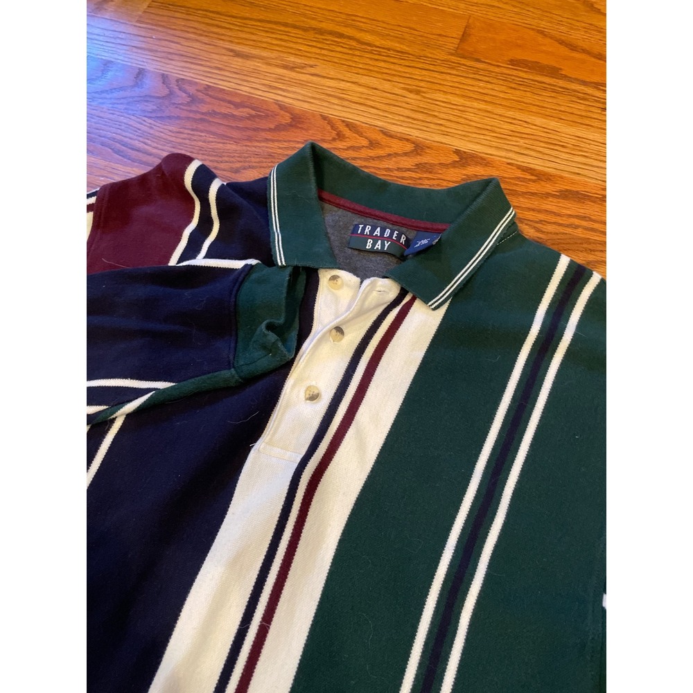 VTG 90s Trader Bay Mens Polo Shirt 2XL Multicolor Striped Short Sleeve Collared